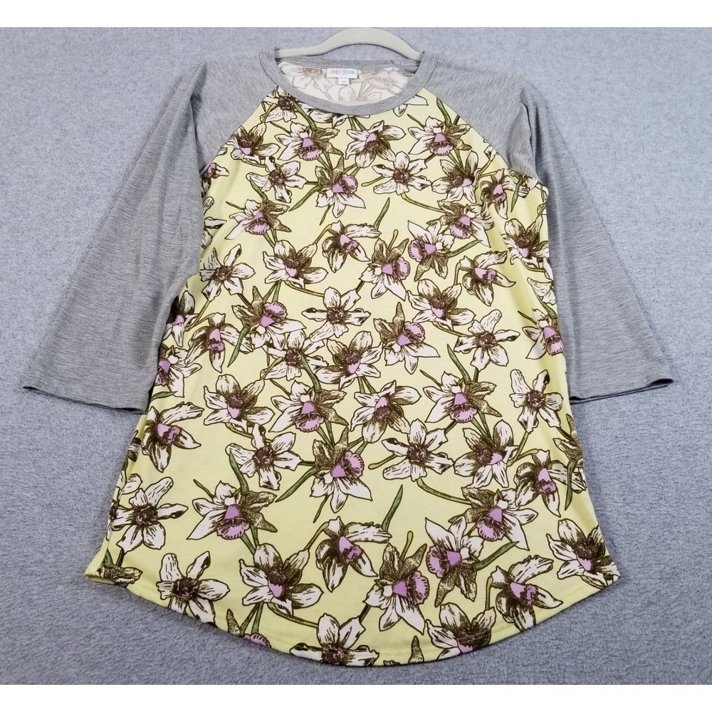 LuLaRoe Randy Top Womens Medium M Yellow Gray Floral Raglan 3/4 Sleeve T Shirt
